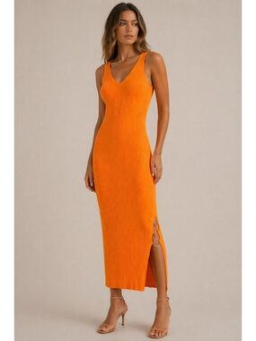 House of Harlow Orange Ribbed Midi Dress with Ring Detail